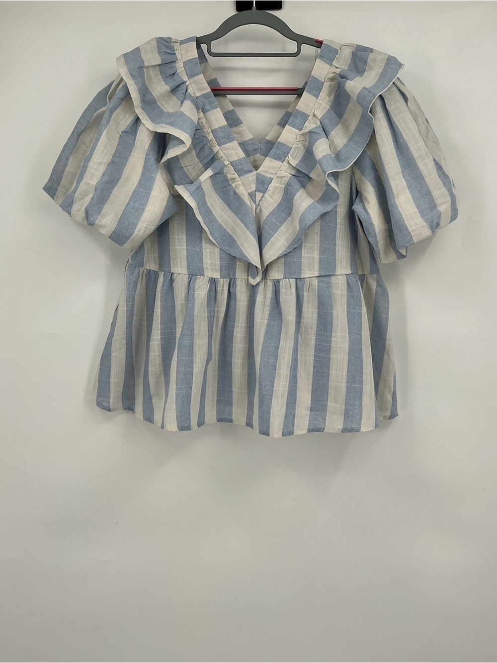 Entro Blue and White Striped Ruffle Peplum Blouse